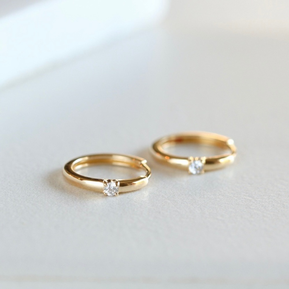 14K Yellow Gold CZ Diamond Huggie Hoop Earrings, NWT